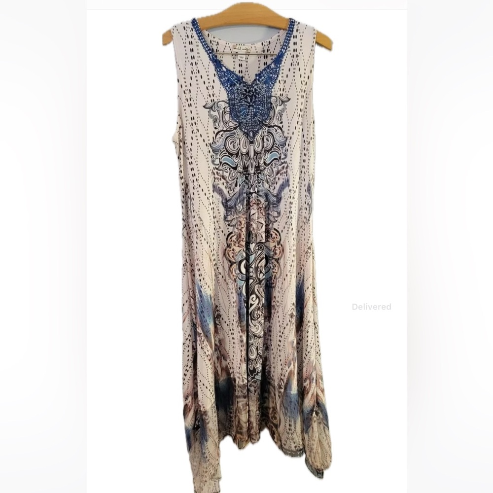World Unity Sleeveless Bejeweled V-Neck Maxi Dress Handkerchief Sheer Hem Size M